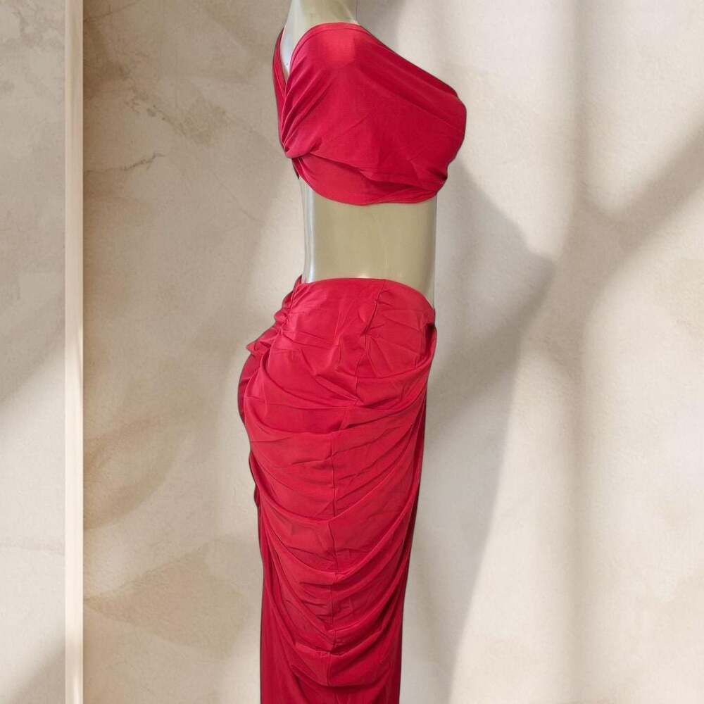Red Two Piece Set – Ruched Crop Top & Maxi Skirt Sexy Elegant Night Out ✧ L - Picture 4 of 4